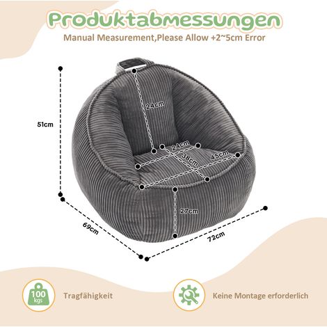 Fauteuil pouf enfant gris avec dossier ergonomique, tissu côtelé, sans montage OKMYHOME (1/5)