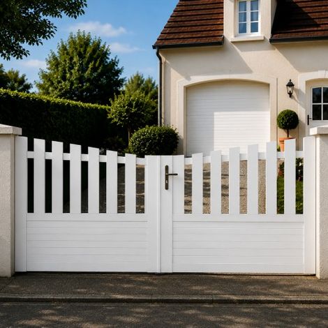 Portail battant manuel PVC blanc structure renforcée H 145 x L 400 ALENÇON INCURVÉ