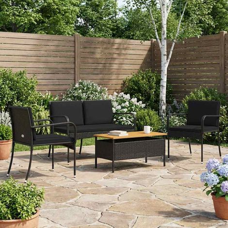 Ensemble de jardin polyrotin noir, table, coussins, plateau acacia, 40 x 40 x 40 cm - PANGIVO (1/5)