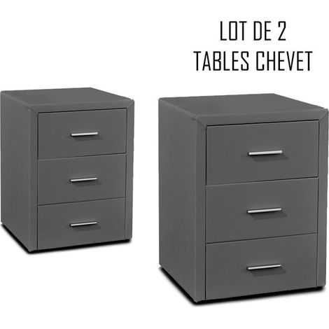 MEUBLER DESIGN Table Chevet 3 Tiroirs Kasi Lot De 2 Gris, Polyuréthane, Carré, Style Contemporain, 44 x 44 x 59 cm (1/2)