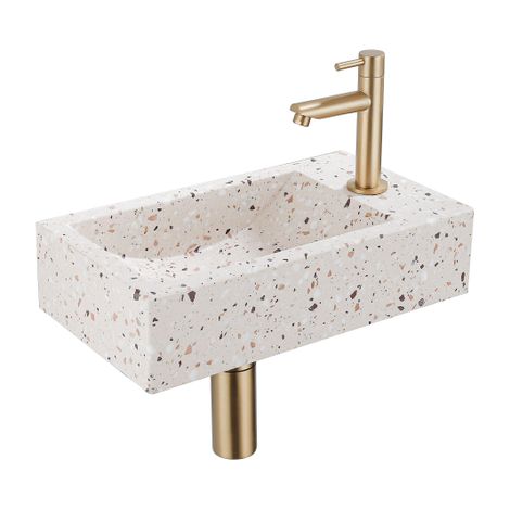 FugaFlow Eccelente Pietra Ensemble de fontaine - 40x22x10cm - trou de robinet à droite - robinet de fontaine en laiton brossé PVD - bouchon de vidange