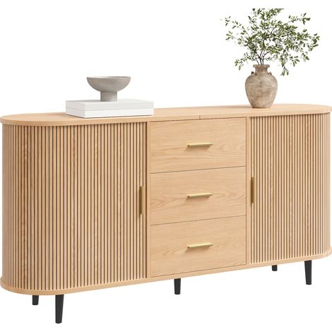 Buffet Rangement Incurvé, 3 Tiroirs Centraux, Portes Coulissantes, Panneau Rainuré, Poignées Métal, Pieds Fer, Naturel