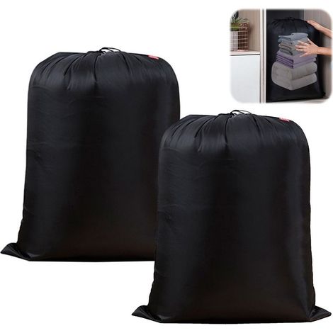 Sacs à linge de voyage, lot de 2, grande taille 70x90 cm, couleur unie, cordon de serrage, imperméables (noir). (1/5)