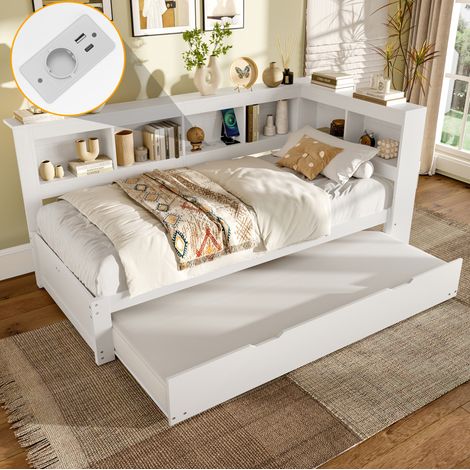 Divano letto estraibile 219x117x90 cm, con presa di ricarica e 2 porte USB, vani portaoggetti, legno di pino, bianco (1/5)
