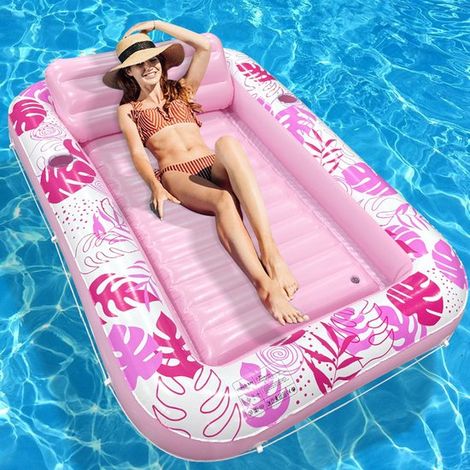 Materassino gonfiabile ad acqua con foglie tropicali rosa (176×114 cm) – Lussuoso letto galleggiante extra large con poggiatesta e portabevande, adatto per piscina e giardino. (1/5)