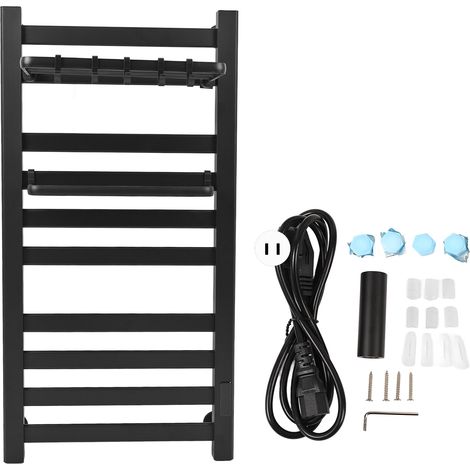 Sèche-serviettes électrique mural noir avec étagère, température réglable, minuterie, affichage, étanche, pour salle de bain, prise US 110V (1/5)