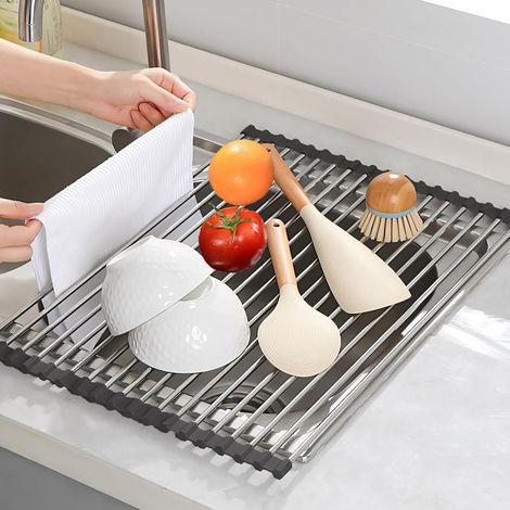 Egouttoir Vaisselle sur Evier, Egoutoire Vaisselle Cuisine, Égouttoirs, pour Tasses, Fruits, Légumes (Noir) (1/5)