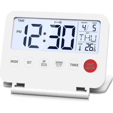 Mini sveglia digitale pieghevole da viaggio, schermo LCD retroilluminato, termometro, funzione snooze, data e ora, orologio da scrivania per camera da letto, cucina
