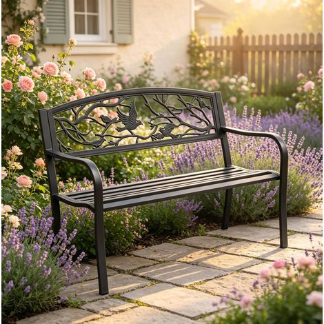 Panca da giardino da esterno nera in metallo 127 x 60 x 85 cm con braccioli DESVIAE (1/5)