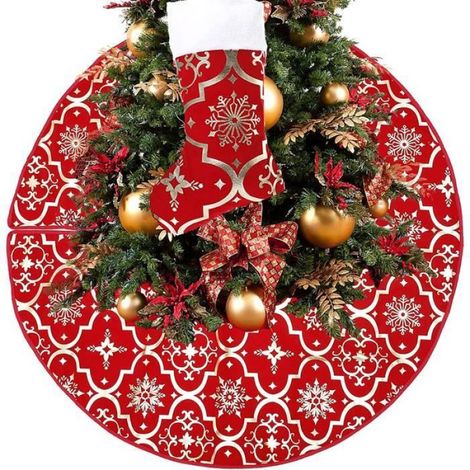 Tapis Sapin De Noël - Ronde - Fourrure - 120 Cm - Rouge - 1 Pièce (1/4)