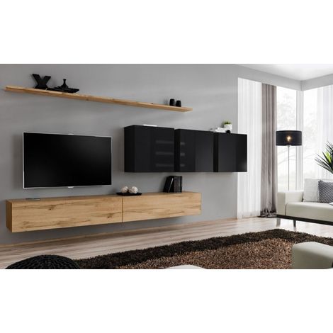 Ensemble mural - Switch VII - 3 vitrines carrées - 2 bancs TV - 2 étagères - Bois et noir - Modèle 1 - Livraison gratuite