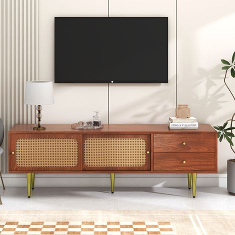 Meuble TV 160x40x60 cm noyer en MDF avec portes coulissantes effet rotin et 2 tiroirs (1/5)
