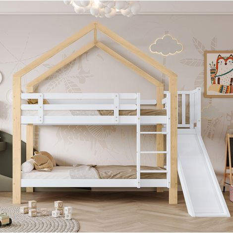 Etagenbett Massivholz/MDF Weiß+Natur 90x200 cm mit Rutsche, Hausdesign, Absturzsicherung und Leiter (1/5)