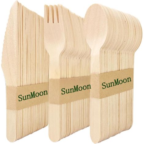 Lot de 150 couverts jetables en bois, 50 cuillères, 50 fourchettes, 50 couteaux, emballage sans plastique, jetables pour fêtes (1/5)
