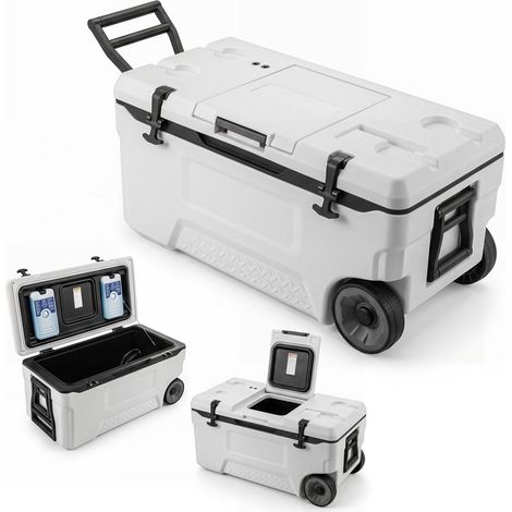74 Quart Rolling Cooler with Fish Ruler, White