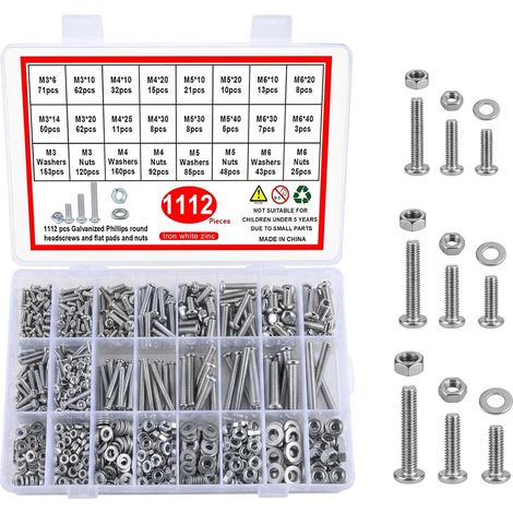 Assortiment de Vis M3 M4 M5 M6, 1112 Pièces, Écrous et Rondelles (1/5)