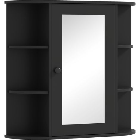 Armadio con Specchio da Bagno 66x17x63 cm con 6 Ripiani Aperti e 2 Chiusi in Legno e Vetro Nero (1/5)