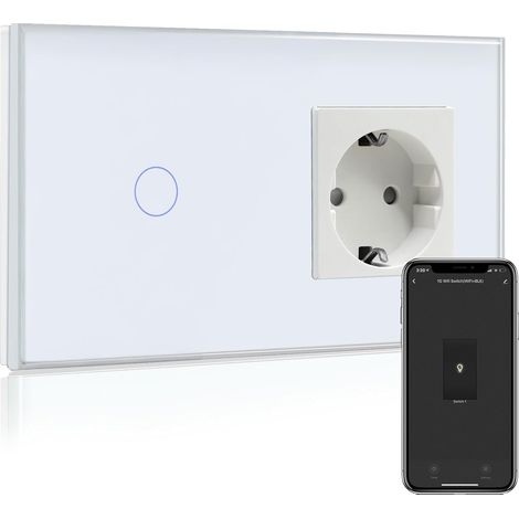 Interruptor táctil con enchufe, cristal, blanco (1/5)