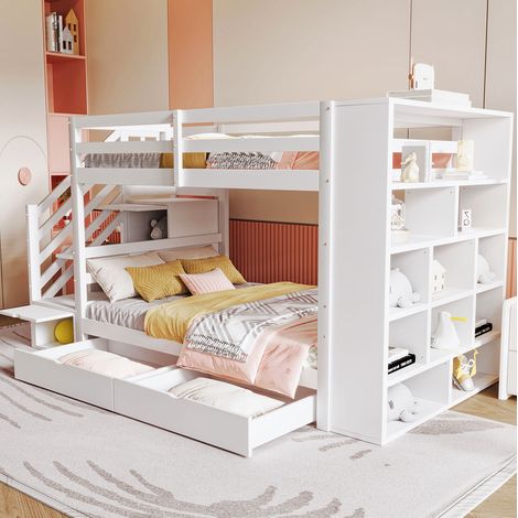 Letto a castello moderno 90x200 cm in legno bianco con scala contenitore, cassetti, armadio laterale e rete a doghe (1/5)