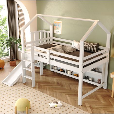 Bett Kinder 90x200 cm Weiß aus Massivholz und MDF mit Rutsche, Stauraum und Regalen, Lattenrost (1/5)