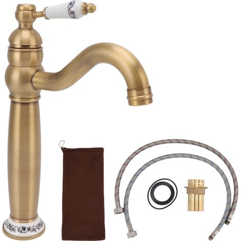 Rubinetto da bagno in ottone con inserti in porcellana blu e bianca, rubinetto monouso per acqua calda e fredda per uso domestico, stile antico con un aspetto elegante, a prova di perdite.