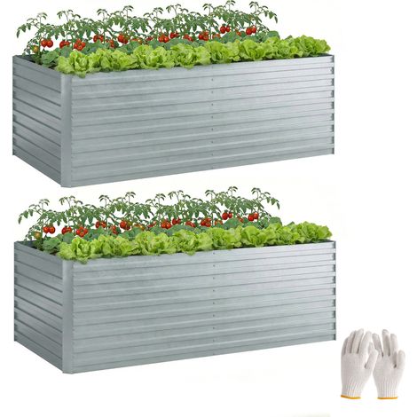 Lot 2 bacs jardin galvanisés grands 180x90x60 cm avec bords sécurisés, argent