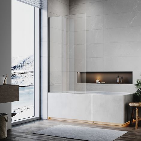 ELEGANT Shower Bath Screen 800x1400mm Frameless Square 6mm Toughened Safety Glass, Matt Black (1/5)