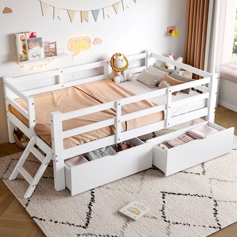 Kinderbett 90 x 200 cm mit Sicherheitsgitter und 2 Schubladen, weiß HAVRYA (1/5)