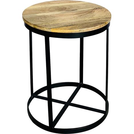 Ravi Iron Base Solid Wood Small Round Stool - L41 x W41 x H52 cm - Mango Light Finish