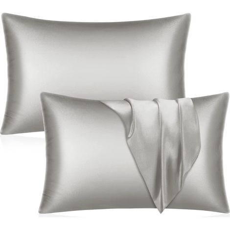 Lot de 2 taies d'oreiller en satin - Taie d'oreiller grise pour cheveux et peau Taille standard avec fermeture enveloppe, 51 x 76 cm (1/5)