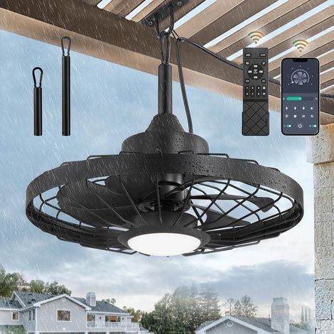 Ventilateur de plafond pour extérieur avec lumière et télécommande IP65 étanche Lampe LED avec ventilateur pour jardin terrasse Intensité variable Silencieux Plafonnier rétro avec éclairage pour (1/5)