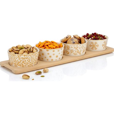 Juego de cuencos de porcelana para aperitivos con bandeja de bambú, 5 piezas