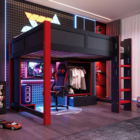 Pour ado gamer, lit mezzanine avec bureau et armoire 140x200 cm, échelle antidérapante et étagères (1/5)