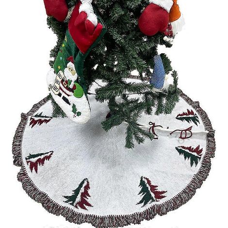 Feestelijke rode kerstboomrok met kwastjes aan de rand, 48 inch (122 cm) diameter, handgeweven ontwerp. (1/4)