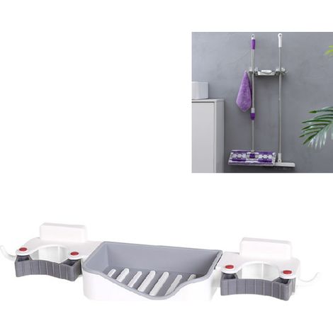 Porte-savon 3 en 1 pour balai et serpillière, fixation murale, crochet, égouttoir, porte-savon, porte-balai, porte-cartes pour cuisine et toilettes, blanc, taille unique (1/5)