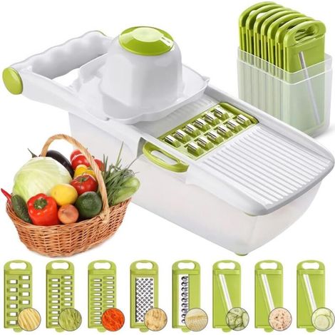 Mandoline tout-en-un, coupe-fruits et légumes, coupe-légumes multifonction, acier inoxydable interchangeable avec récipient alimentaire