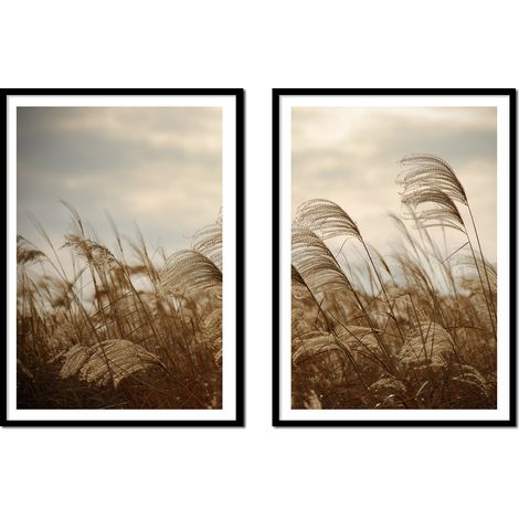 BILDPOSTER IM RAHMEN 53x73cm Diptychon 2er-Set Gemälde Gras Beige Boho P2178 (1/3)