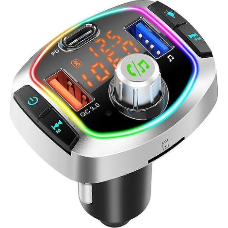 Émetteur FM Bluetooth rétroéclairé par LED, lecteur MP3/carte TF/USB pour voiture, kit mains libres, adaptateur double port USB QC 3.0+PD, chargeur rapide Type C (1/4)