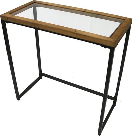 Tavolino rettangolare in legno e metallo con piano in vetro, 75 x 35 x 75,5 cm