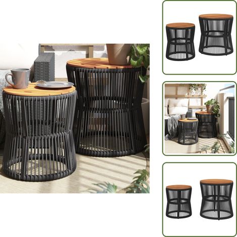 The Living Store Tables d'appoint de jardin 2 pcs dessus en bois noir poly rotin - Table D'appoint De Jardin - Mobilier De Jardin - Table Extérieure - Table Ronde - Résine Tressée