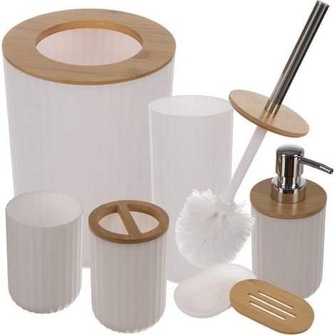 Ensemble d'accessoires de salle de bain 6 pièces, blanc, en PP, ABS et bambou : poubelle, brosse WC, distributeur de savon (1/5)