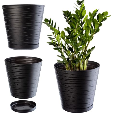 KADAX Blumentopf mit Untersetzer, aus Kunststoff, rund, 11 cm, Schwarz