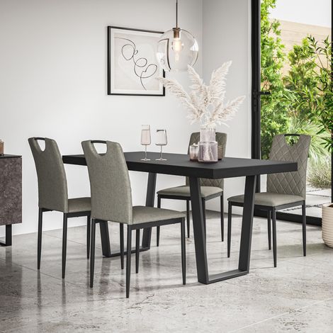 Aria Dining Table And Chairs - Black Table Top w Black Legs + Monza Linen Dining Chair Set Of 6 (Grey) (1/5)