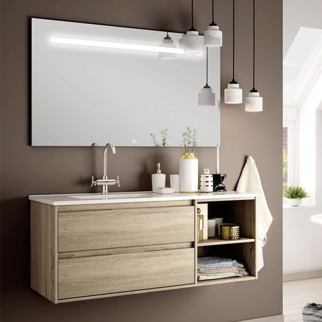Meuble de salle de bain vasque déportée 2 tiroirs cambrian (chêne clair) - OLYMPE et miroir Led STAM - 120cm (1/5)