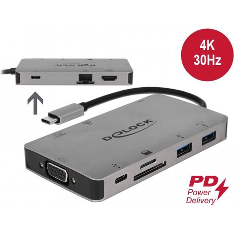 Delock EstaciÃ³n de acoplamiento USB Type-Câ¢ 4K - HDMI / VGA / USB 3.1 / SD / LAN / PD 3.0