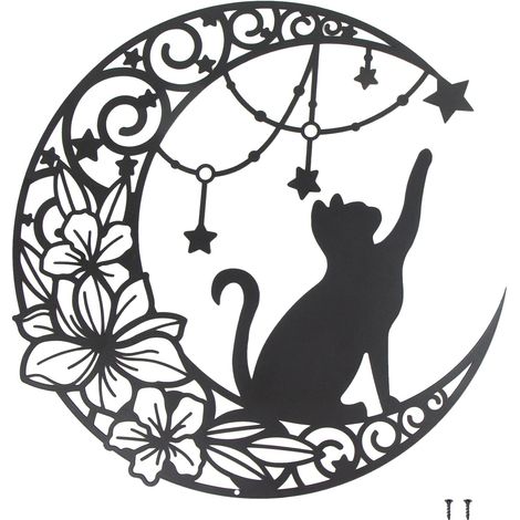 Decorazione murale in metallo nero da 30x30 cm, raffigurante un gatto che sceglie le stelle sulla luna, con silhouette rotonda. Ideale come regalo per interni ed esterni, per giardino e decorazione de