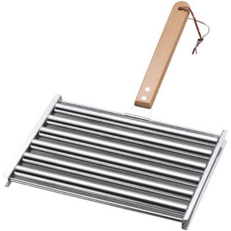 Rouleau à saucisses pour barbecue en acier inoxydable avec poignée en bois extra longue, pour hot-dog, merguez, grillades, accessoire rotatif de barbecue capacité 5 saucisses (1/5)