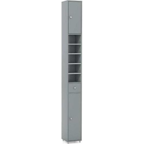 Colonne de salle de bain 180 cm, meuble de rangement étroit avec 2 portes et 1 tiroir, pour petits espaces (1/5)