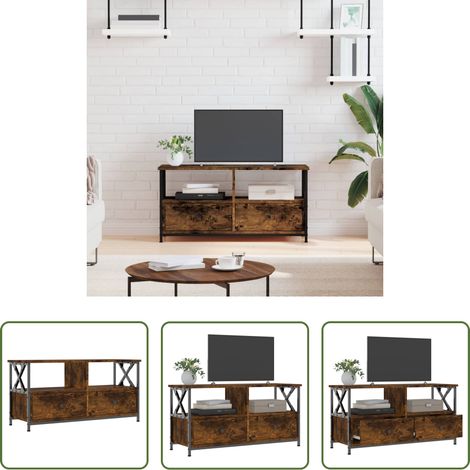 Meuble tv bois d'ingénierie - Meuble TV chêne fumé 90x33x45 cm bois d'ingénierie et fer (1/5)