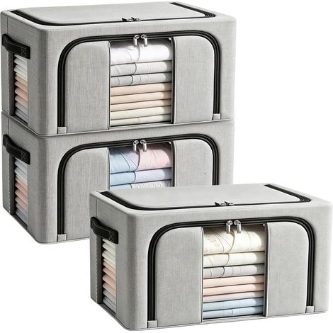 Lot de 3 Boîtes Rangement Vêtement, 24L, Gris (1/5)
